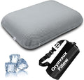 Cooling Camping Pillow, Memory Foam Travel Pillow with Adjustable Buckle Strap & Storage Bag, Compact Small Pillow for Airplane, Car Lumbar, Office, Washable Cooling Cover, Quarry Grey