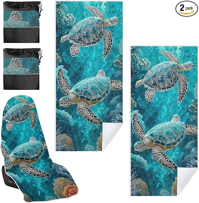 2 Pack Car Towel Seat Covers with Storage Bag, Multifunctional Towel for Gym Outdoor Sport, Picnic, Beach, Pet Dog Travel,Non-Slip Washable Car Seat Protector (Sea Turtles)