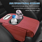 wuyaoyao Car Center Console Armrest Pillow, 13.78"×7.48"×2.56" Leather Arm Rest Cover for Cars, Memory Foam Auto Armrest Cushion Pad with Pocket, Cup Holder & Tissue Box, Car Accessories (Wine Red)