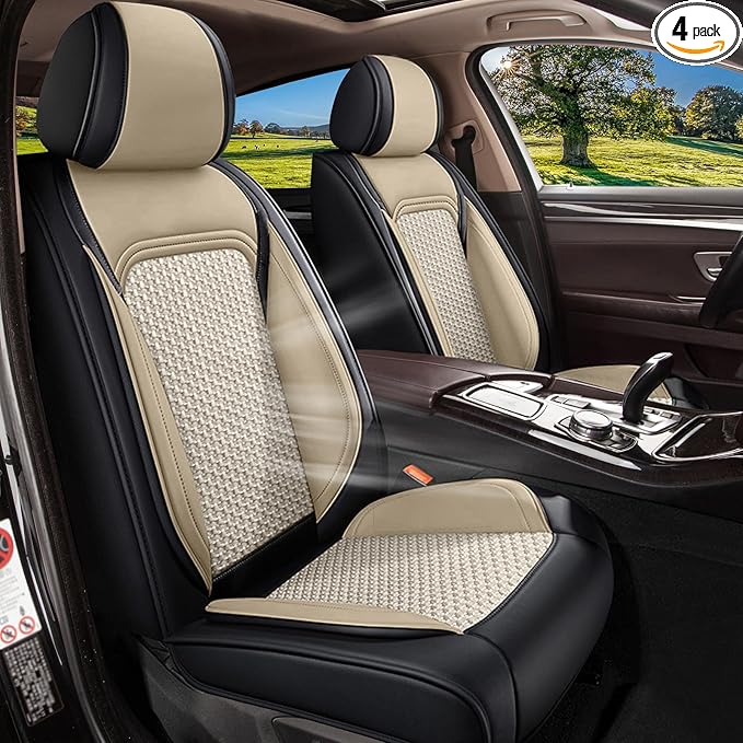 Car Seat Covers Full Set for Mazda CX5 CX 5 2013-2025 2026, Breathable Cooling Ice Silk Leather Car Seat Covers, 5 Seats for Mazda CX-5 Accessories (Black&Beige)