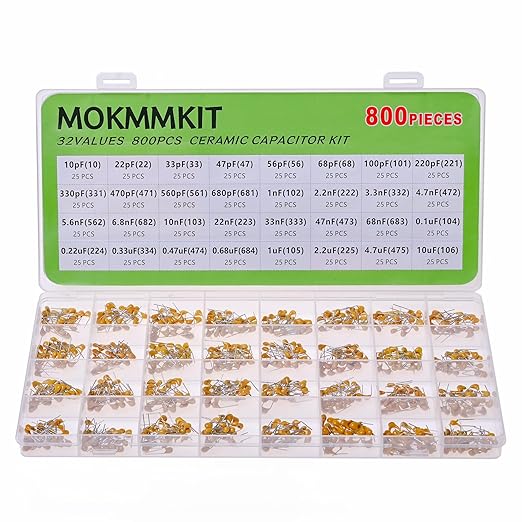 32 Values 800 Pieces Ceramic Capacitor Assortment Kit Capacitors from 10pf to 10uF 50V Multilayer Monolithic Capacitor
