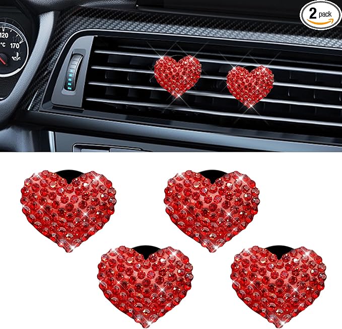 4PCS Bling Heart Air Vent Clips, Car Air Freshener for Women, Air Fresheners Diffuser Clip Charm, Car Air Conditioning Outlet Clip Decorative Accessory for Women Girls (Red, Style1)