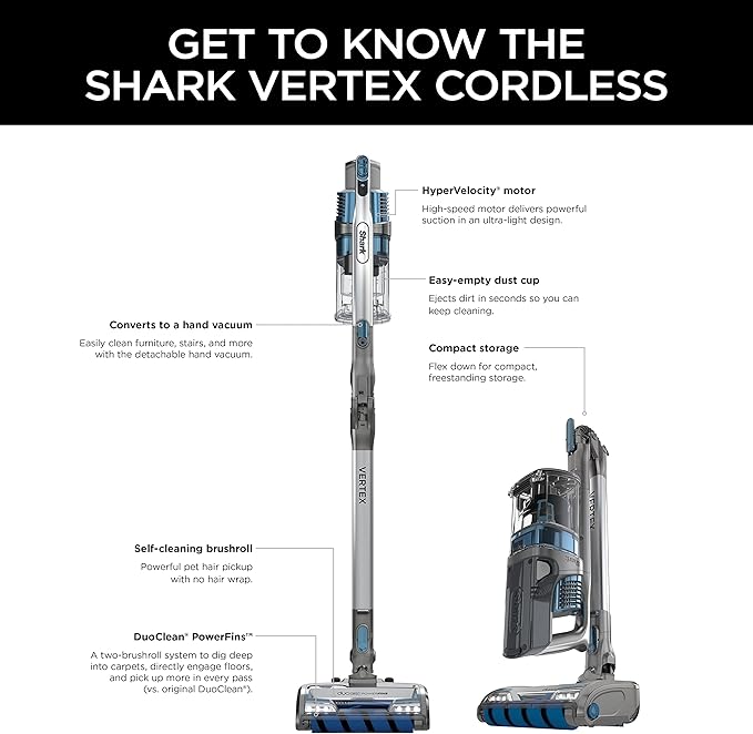 Shark Vertex Cordless Stick Vacuum | Powerful Suction, 60min Runtime, No Hair Wrap | HEPA Filter, XL Dust Cup, DuoClean PowerFins, MultiFLEX Wand | Crevice Tool & Pet Multi-Tool | Silver | IZ464H