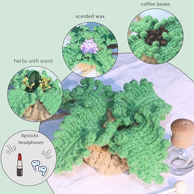 Handmade Crochet Hanging Car Air Freshener - Botanical Fern Leaf Design with 12ml Refillable Glass Essential Oil Bottle, Long-Lasting Car Diffuser & Nature-Inspired Decor