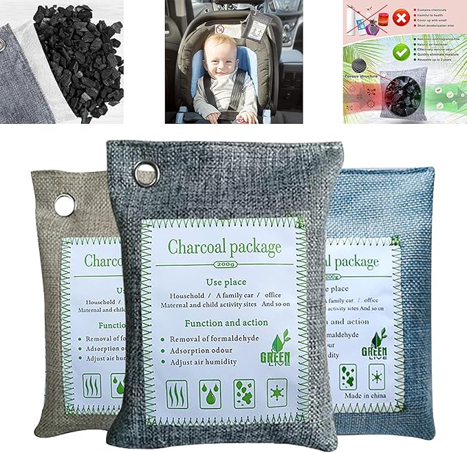 Bamboo Charcoal Bags Odor Absorber, 2 Packs 200g Charcoal Deodorizer Bags with Hooks, Nature Bamboo Charcoals Air Purifying Bags Activated Charcoals Odor Absorbers for Home Cars Pet Closet Bathroom