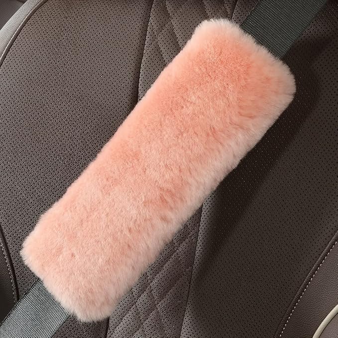 OGLAND Genuine Sheepskin Soft Fuzzy Car Seat Belt Pad,2 Pack Fluffy Seat Belt Cover for Shoulder Pad Neck Cushion Protector Car Accessories (Soft Pink)