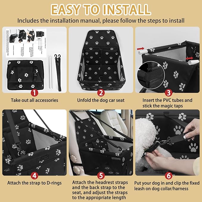 PetsHome Dog Car Seat Foldable Dog Car Booster Seat Waterproof Breathable Oxford Travel Bag for Small to Medium Dogs, Puppies, and Pets-Footprint Black+Mat