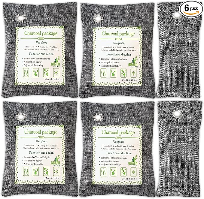 Activated Charcoal Odor Absorber (4x200g Large + 2x75g Small), Bamboo Charcoal Air Purifying Bag, Odor Deodorizer and Eliminator for Cars, Refrigerators, Shoes, Pets, Closets, and More.