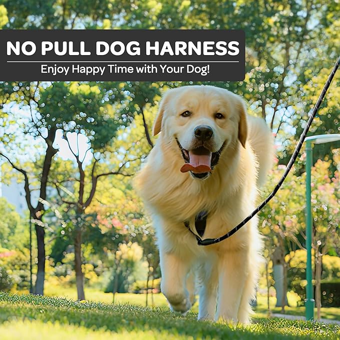 FURRYFECTION Plaid Dog Harness for Large Dogs, Reflective No Pull Adjustable Pet Vest with Front Clip, Leash, Easy Control Handle and Seat Belt, Black, L