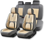 Khaki Car Seat Cover Complete Set, Universal Car Seat Cover for Car with Lumbar Support, Premium Artificial Leather, Waterproof and Easy to Clean, Airbag Compatible, Seat Heating Compatible
