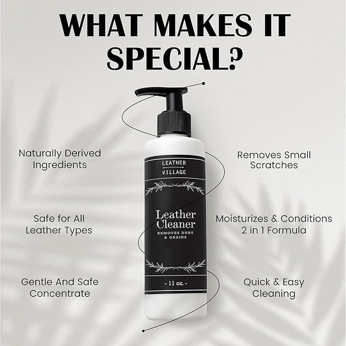 LEATHER VILLAGE Leather Cleaner and Conditioner for Car Seats, Furniture & Couch 2-in-1 Leather Care Kit with Wipe Cloth – Non-Toxic Stain Remover & Protectant for Shoes, Purse, Jacket, Bag | 11 oz
