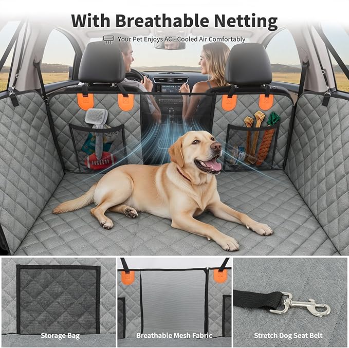 HOTEAGLE Car seat Cover for 2 Dogs, 100% Waterproof Scratch Proof Nonslip Dog car seat Cover for Back seat, Dog Hammock for car Hard Bottom Holds 400lbs, Standard（ Grey）