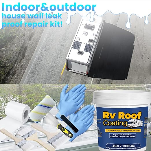 1Gal/133Fl.oz Liquid Rubber Rv Roof Coating White Waterproof Sealant Camper Roof Repair Solar Reflective Wooden Brush Putty Knife Nitrile Gloves Paint Roller Drywall Repair Tape