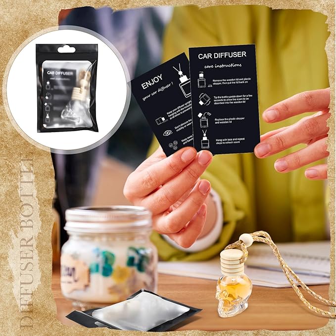 Boao 100 Sets Hanging Car Air Freshener Diffuser Bottles with Instruction Card and 4 x 6'' Resealable Holographic Bag for Empty Car Essential Oil Perfume Bottles Packaging (Black Card,Skull)