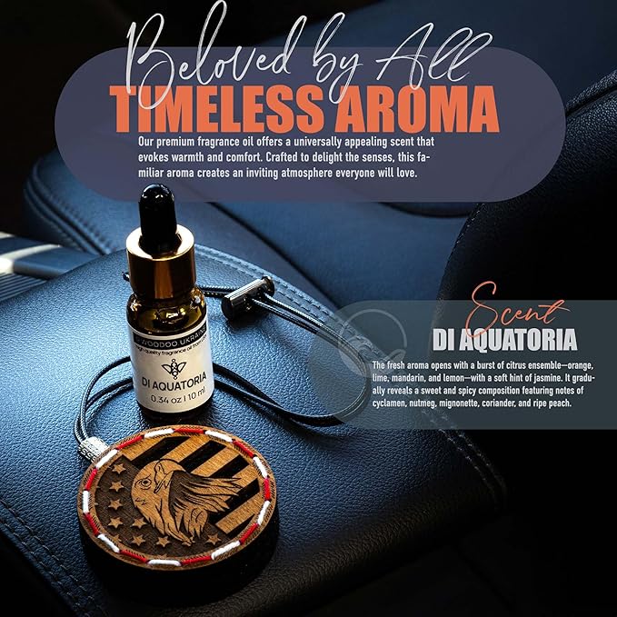 Handmade Wood Car Air Freshener — American Flag Designed Refillable Essential Oil Diffuser — Long Lasting diAquatoria Fragrance Oil 10 ml — Car Accessories Gift Box
