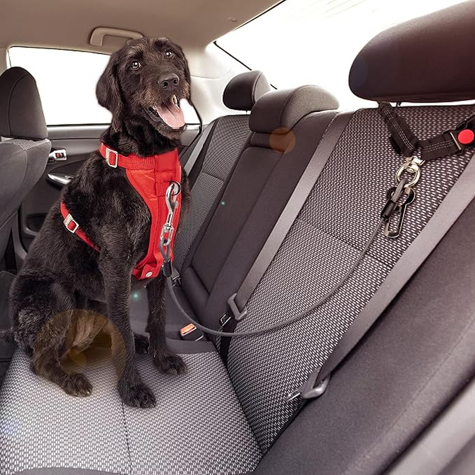 Chew Proof Dog Car Seat Belt, 2 in 1 Steel Cable Dog Car Accessories Headrest Restraint Doggie Car Seatbelt for Medium Large Dogs Chewer Heavy Duty Dog Seatbelts for Cars Swivel Attach