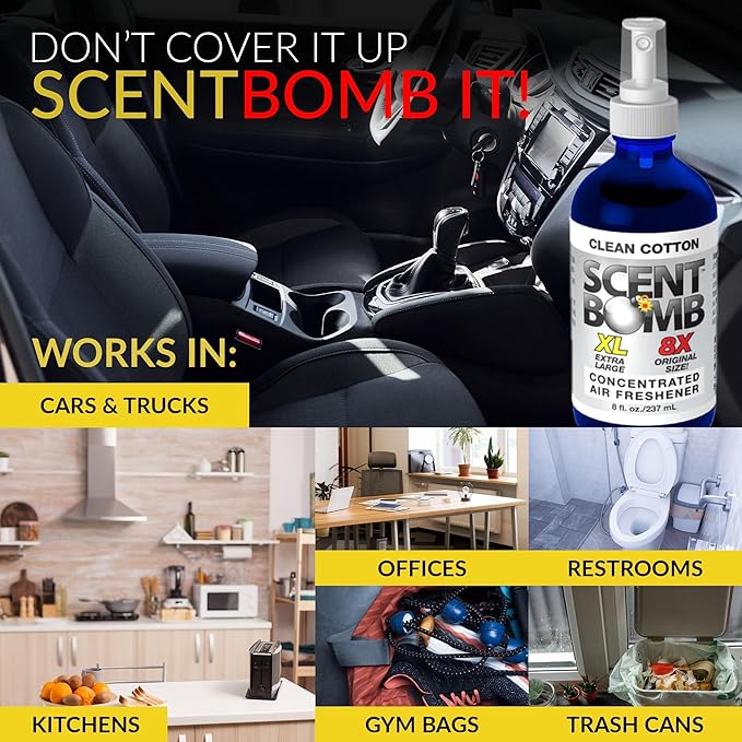 Scent Bomb Air Freshener Bundle - 1 oz & 8 oz Bottle Sprays, Vent Clip, Organic Cans, Hanging Circle - Continuous Freshness & Long-Lasting Odor Eliminator for Car, Home, Bathroom - Clean Cotton