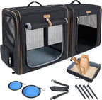 Lekereise Large Cat Carrier for 2 Cats, 2-in-1 Cat Travel Carrier with Litter Box, (17.7" x2) x16.5"x13" Pet Carrier with Zipper Locks for Moving Across The Country (No Hammock) - Black