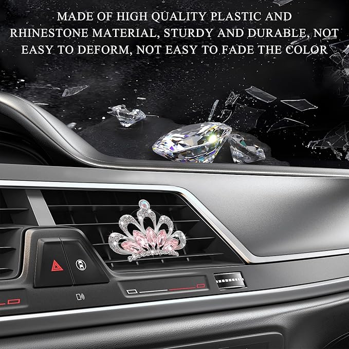 2 PCS Bling Car Air Vent Clips, Crystal Rhinestone Crown Vent Decorative Air Freshener Clips, Sparkly Diamond A/C Outlet Aroma Diffuser Clip for Vehicles, Car Accessories (Pink)