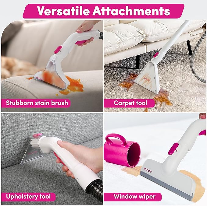 WECLEAN C4 Pink Carpet Cleaner Machine, Portable 800W 18KPa Deep Cleaner with Stand-Up Handle and Wide Squeegee for Pet Stains on Carpets, Rugs, Upholstery and Car Interiors, 3L Clean/1.5L Dirty Tank
