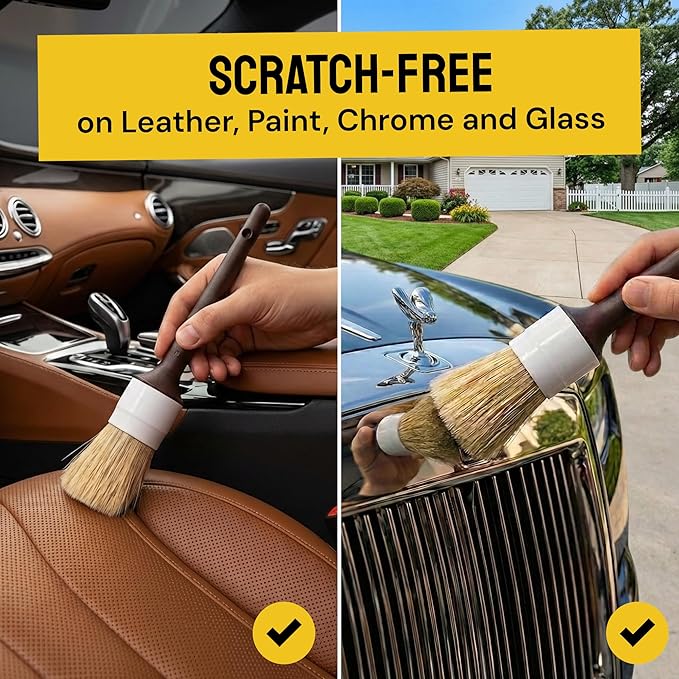 Soft Boar Hair Car Detailing Brush Set - 6-Pack - Scratch-Free Soft Bristle Cleaning Brushes - Reaches Tight Spots & Interior Car Cleaning Kit - Ergonomic & Durable Detailing Supplies