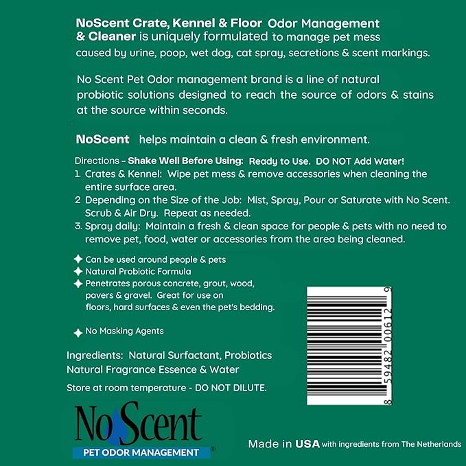 No Scent Crate Kennel & Floor Probiotic Cleaner Spray for Dog Cat Pet Odor Stains (8 Fl Oz / 237 mL)