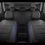 CAR PASS Universal FIT Piping Leather Two Front Seat Covers, Waterproof Faux Leather for SUV Sedan Van Truck, Airbag Compatible,Reserved Opening Holes for Headrest Covers. (Black and Blue)