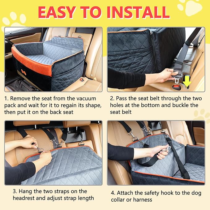 PetsHome Dog Car Seat for Medium Large Dogs, Detachable Washable Pet Booster Seat with Memory Foam Cushion, Side Pockets, 2 Clip-On Safety Leashes Pet Car Seat for Dog Up to 60 lbs/2 Small Dogs-Black