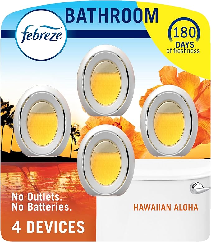 Febreze Bathroom Air Freshener, Odor-Fighting, Plug In Alternative, Air Fresheners for Home and Bathroom and Kitchen, Closet Air Fresheners, Hawaiian Aloha Scent, 4 Count