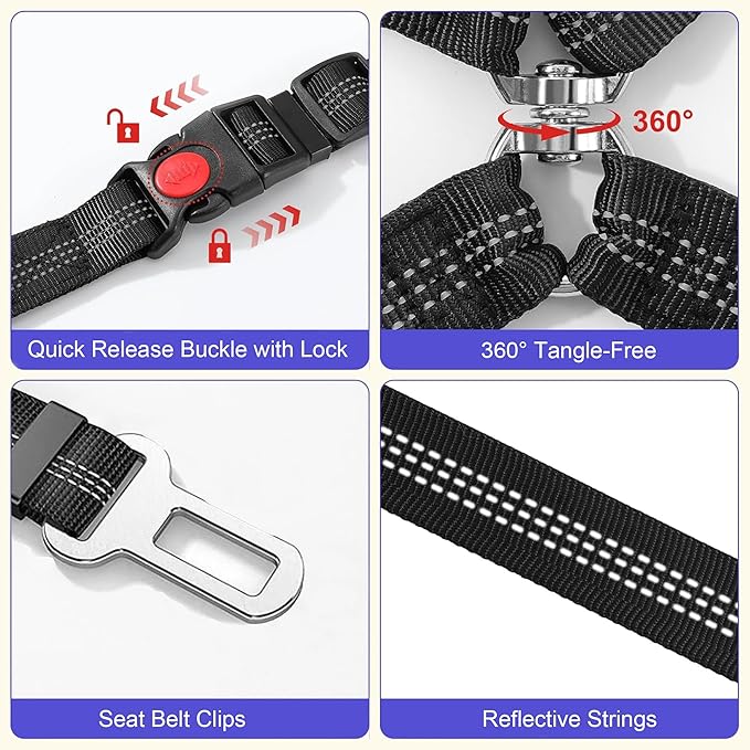 Double Dog Seat Belt for Car, Adjustable Headrest Restraint Safety Seatbelt with Reflective Bungee & Tangle-Free Swivel, No-Pull Split Leash for Vehicle Travel & Walking 2 Dogs, Black