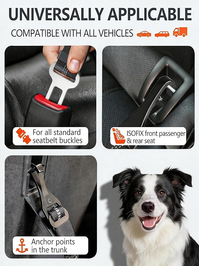 Dog Seat Belt for Car, 3-in-1 Adjustable Dog Seat Belt with Carabiner, Latch & Buckle, Heavy Duty Dog Car Harness Tether with Bungee Buffer, Pet Safety Restraint for Small Medium Large Dogs