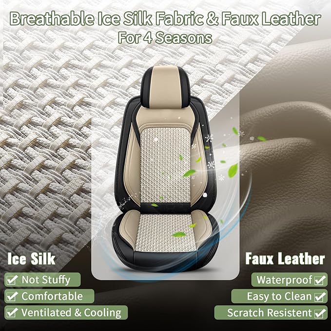 for Fit Toyota Highlander 2008-2025 2026: Full Set Breathable Cool Ice Silk Leather Seat Covers Car Seat Covers (Black & Beige)