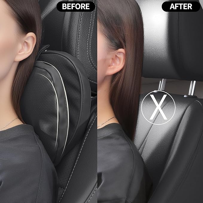 Car Headrest Pillow for Driving, Dual-Sided Leather Design Neck Pillow, Breathable Softness Neck Support, Universal Fit Head Rest Travel Pillow, Black, 2 Pack