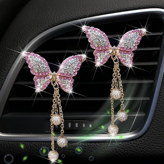 Pink Butterfly Heart Air Vent Clips, 2 Pcs Pink Butterfly Car Air Fresheners Air-conditioning Vents Clips Car Diffuser Diamond Car Interior Decor Charm Cute Car Accessories Decoration for Women