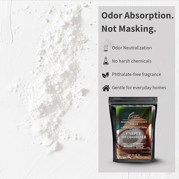 Lapew Mahogany Coconut Dream Carpet Deodorizer Powder - Pet Safe Freshener for Vacuuming | Scented Odor Eliminator for Home | 36 oz