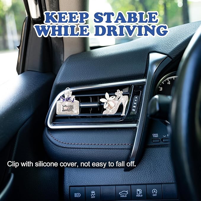 4PCS Bling Air Freshener Vent Clip, Crystal Diamond High Heel Shoe Bag Crown Perfume Bottle Car Diffuser Vent Clip Cute Bling Accessories Decoration for Women (Silver)