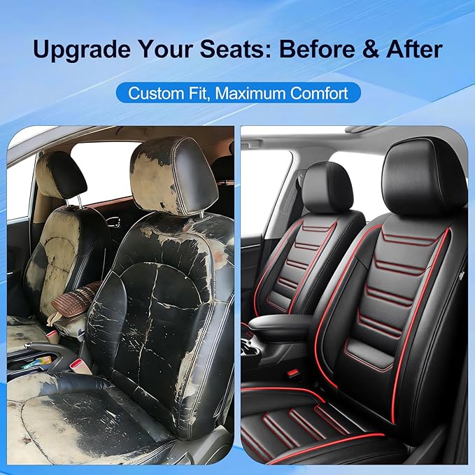 Fit Malibu Car Seat Covers (Front Pair) for Select Chevrolet/Chevy Malibu 2009-2025 - Full Coverage Leather, Airbag Compatible, Waterproof & All Weather Seat Cushion Protector, Red Trim