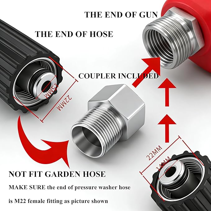 Hourleey Pressure Washer Gun and Hose Kit, 30 FT Kink Resistant Power Washer Hose and Replacement Wand Extension, 5 Nozzle Tips, M22-14 Fitting, 3600 PSI