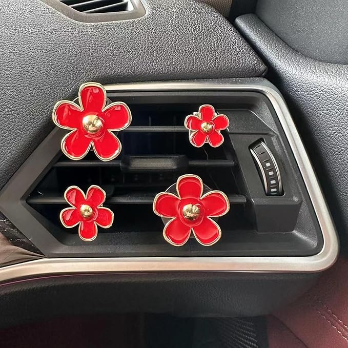 4PCS Daisy Flower Air Vent Clip Air Conditioning Outlet Clip Car Air Freshener Clip Car Interior Decor Charm Colorful Car Interior Accessories for Girls Women(Red)