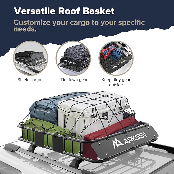 ARKSEN 43" x 39" x 6" Roof Rack Basket with Extension, Cargo Net & Ratchet Straps, 150 lb Heavy-Duty Steel Cargo Carrier, Fits Crossbars up to 1.38" Thick, for SUV & Pickup Truck