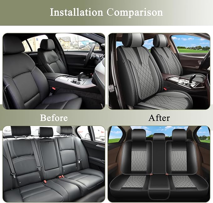 Seat Covers Full Set for Honda Civic Sedan 2003-2015 & 2020-2026 - Breathable Perforated Leather Seat Cover - for Honda Civic Accessories Coupe Hatchback - Black&Grey