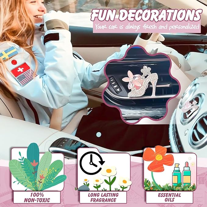 x xotic tech 4Pcs Bling Air Vent Fresh Clips Rhinestone Car Fresheners Air Outlet Decor Car Interior Crystal Charm Accessories Valentine's Day Gifts for Her Girlfirend Women (Pink High Heel Shoes)