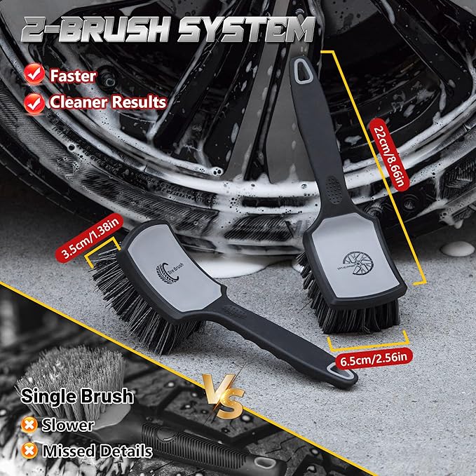 Wheel & Tire Brush Set, 2 Pack Car Wheel Brush & Tire Cleaner Brushes, Soft Bristle Rim Brush and Stiff Tire Scrub Brush, Scratch-Free Wheel Cleaning Kit for Car Detailing, Trucks, SUVs
