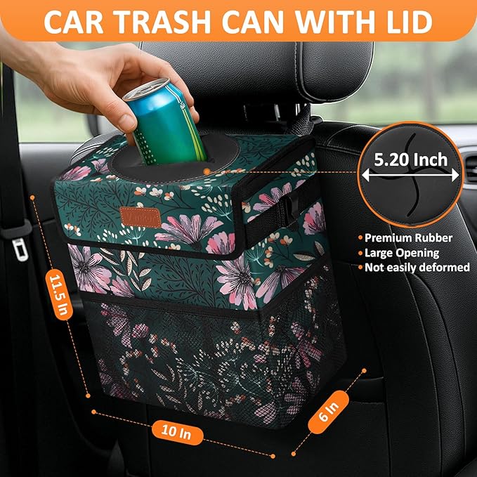 3 Gallons Car Trash Can with Lid, Car Trash Bag Bin Hanging Waterproof Automotive Garbage Cans Leak Proof Vehicle Trash Can Navy Floral