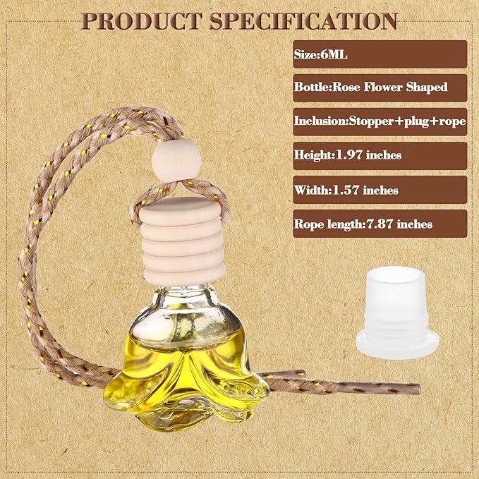 50 Pcs 8ml Hanging Car Air Freshener Diffuser Empty Clear Glass Essential Diffuser Oil Aromatherapy Fragrance Perfume Pendant Rose Shape with Wooden Cap Hanging String Car Diffuser Bottle