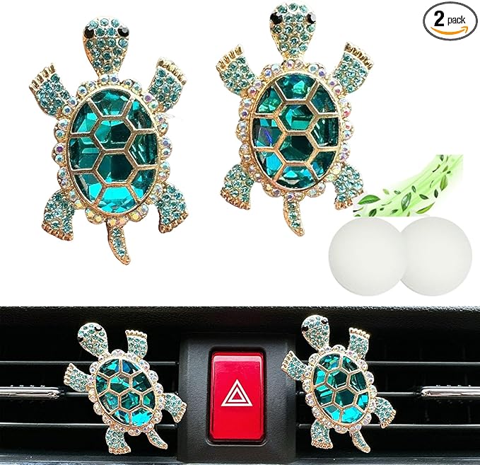 2pcs Cute Shiny Rhinestone Turtle Car Air Freshener Clip – Stylish Vent Fragrance Diffuser with Ocean Scent – Universal In-Car Decoration for Men & Women (Blue, Ocean)