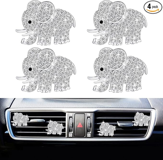 Bling Elephant Air Vent Clips, 4 Pcs Crystal Elephant Car Air Fresheners Vent Clips Diffuser Vent Clip Rhinestone Diamond Car Decoration Interior Decor Bling Accessories for Women