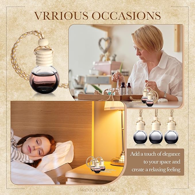 BBTO 50 Pcs Hanging Car Air Freshener Black Car Diffuser Bottles Empty Glass Perfume Bottle Freshener Diffuser Bottles Pendant for Essential Oil Fragrance Aromatherapy Ornament(Round)