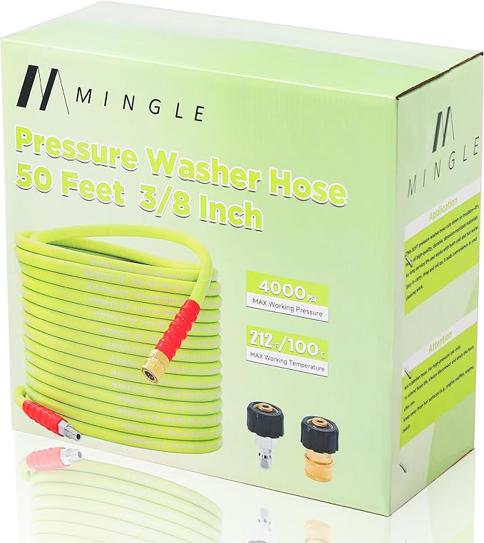 M MINGLE Pressure Washer Hose 50 FT x 3/8" - Replacement Power Wash Hose for Hot and Cold Water - High Pressure Hose with M22 14mm to 3/8 Inch Quick Connect Fittings - 4000PSI