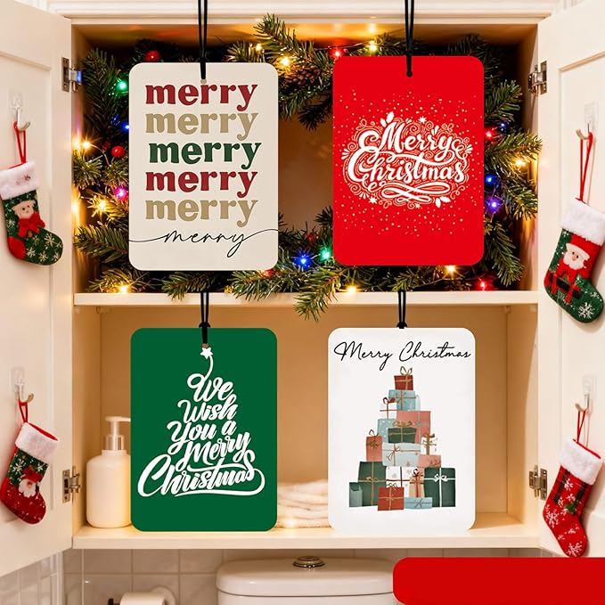 Modern Christmas Car Air Fresheners 4 Pcs, Minimal Holiday Merry Christmas Tree Gift Stack Hanging Air Freshener Set, Neutral Festive Car Accessories for Women